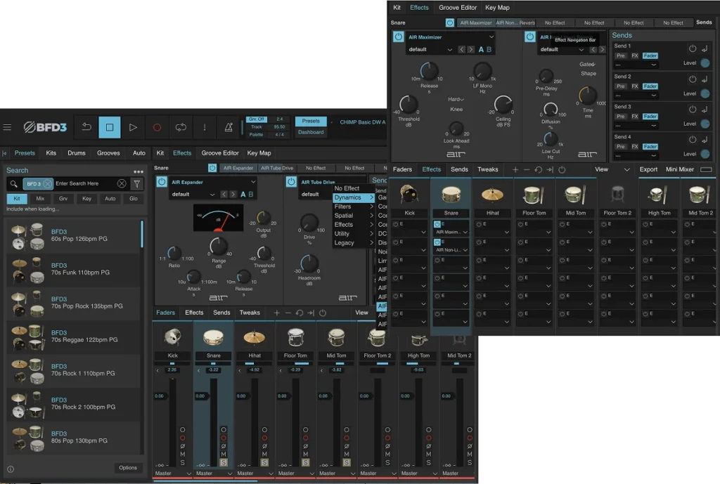 BFD3 drum plugin showing its kit browser, effects and mixer