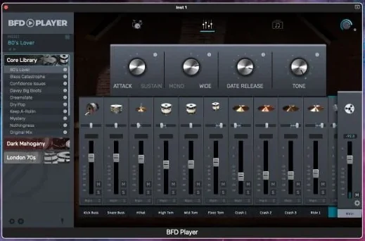 BFD Player with its Core Library kit list and a mixer of kick, snare, hi-hat, tom and cymbal channels