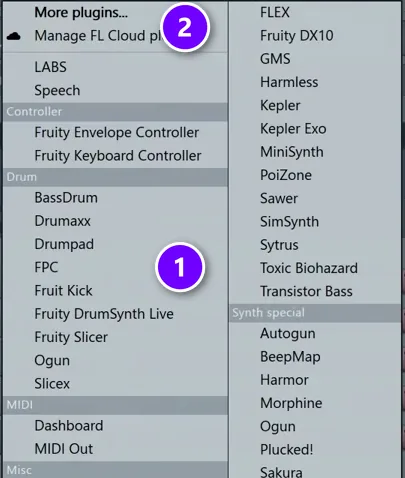 FL Studio Channel Rack add menu with the Drum plugin section numbered 1 and More plugins numbered 2