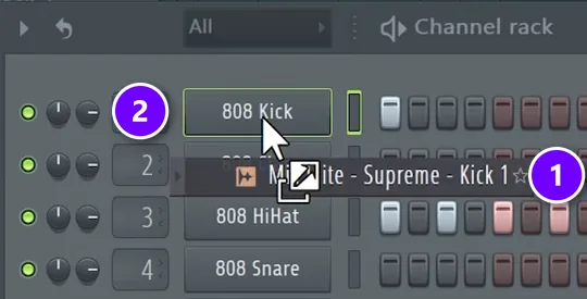 FL Studio Channel Rack with a kick sample being dragged numbered 1 onto the 808 Kick channel numbered 2