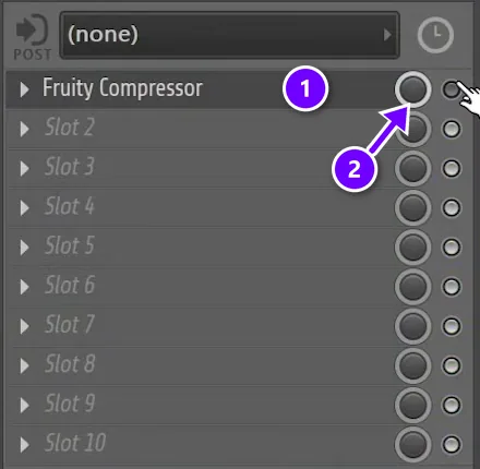 FL Studio mixer slot with Fruity Compressor numbered 1 and the slot's mix knob numbered 2