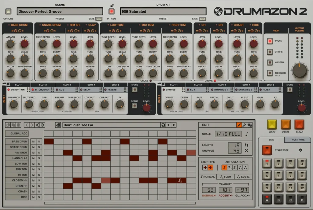 Drumazon 2 by D16 Group with its 909 drum knobs and step sequencer