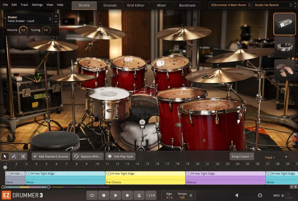 EZdrummer 3 by Toontrack showing a red drum kit above its song track of grooves