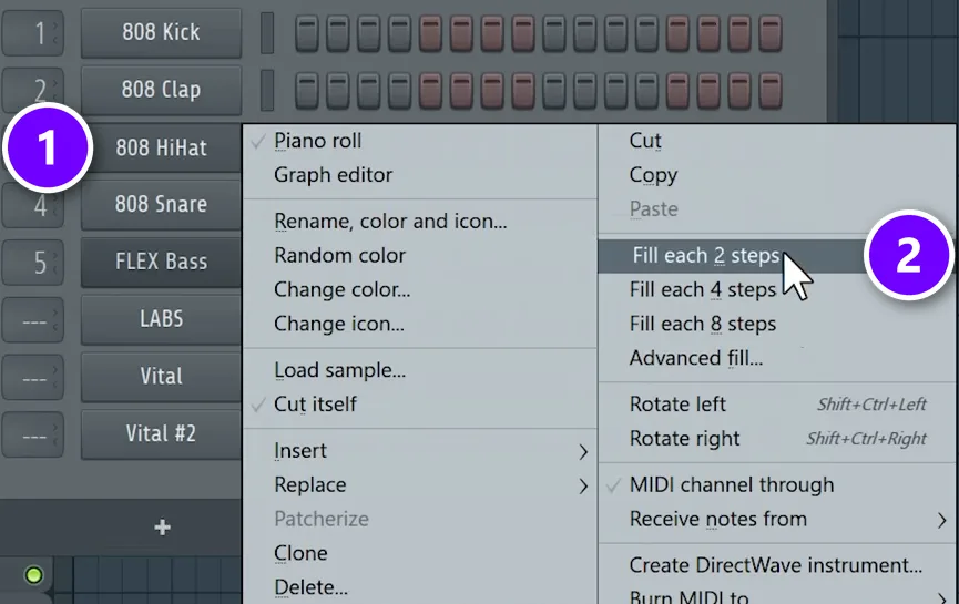 FL Studio Channel Rack right-click menu on the 808 HiHat channel numbered 1 with Fill each 2 steps numbered 2