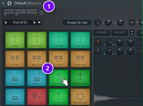 FL Studio FPC with the Default kit name numbered 1 and its 16 drum pads numbered 2
