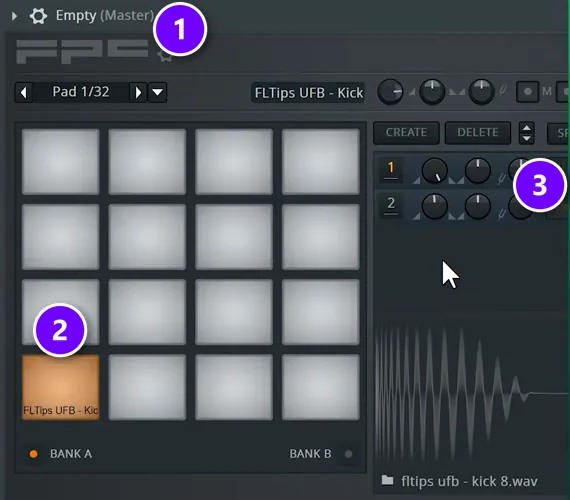FL Studio FPC Empty preset numbered 1 with a kick sample on a pad numbered 2 and its layers numbered 3