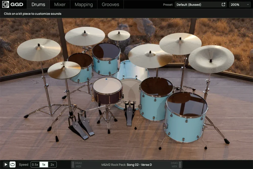 GetGood Drums Modern & Massive 2 plugin showing its drum kit on the Drums page