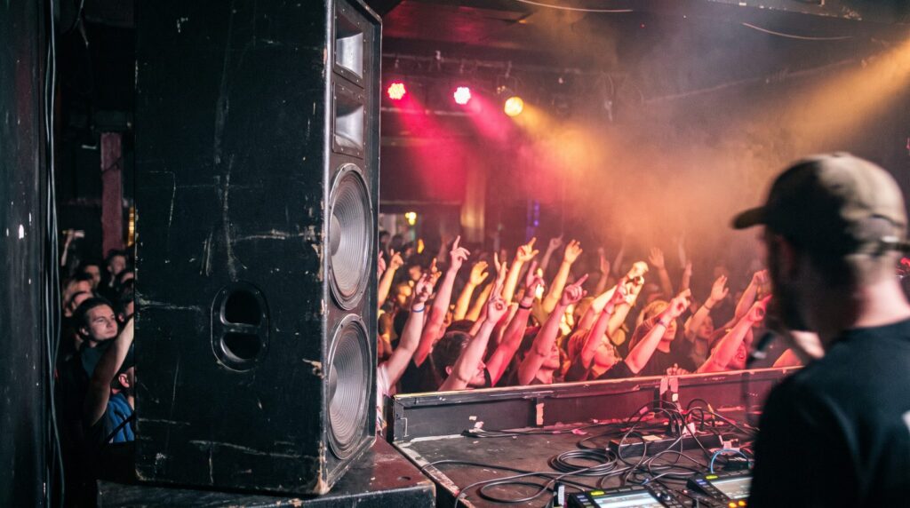Crowd with raised hands in red stage light at a hip-hop show, seen from the side of the stage past a big subwoofer speaker