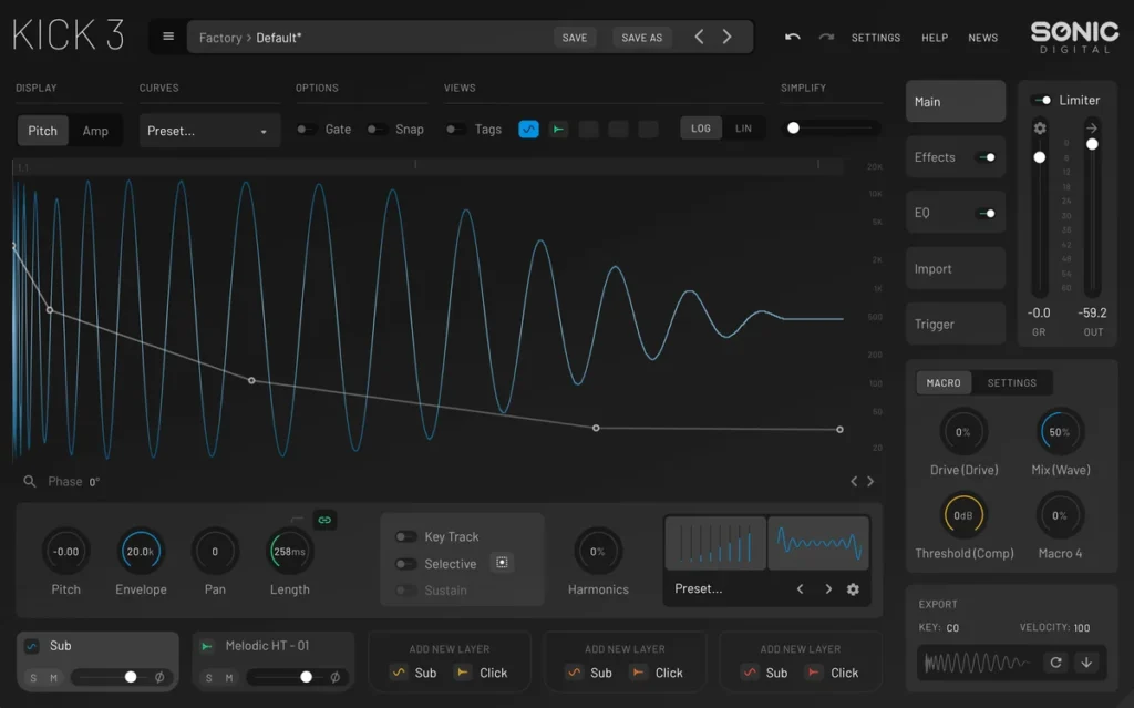 KICK 3 by Sonic Academy showing a kick drum waveform and its pitch envelope