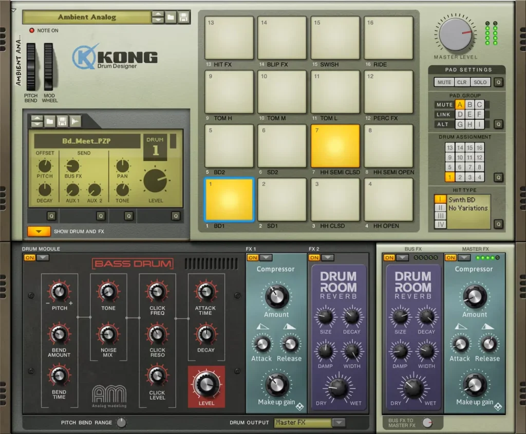 Kong Drum Designer from Reason Free with its 16 drum pads, drum module and effects