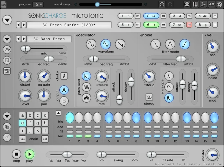 Microtonic by Sonic Charge with its oscillator, noise and pattern controls