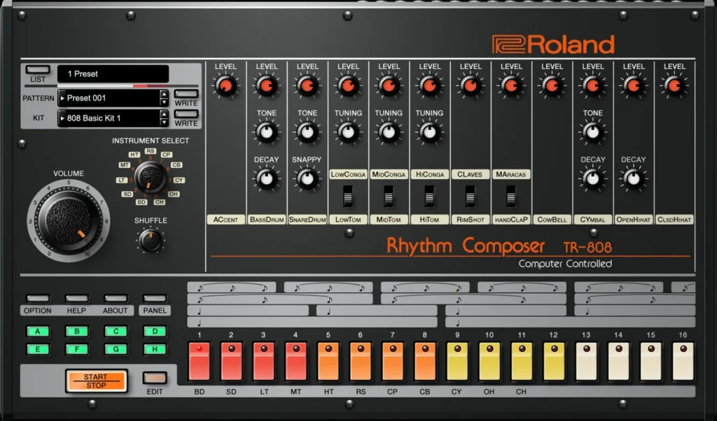 Roland TR-808 plugin with its level, tone and decay knobs and 16 step buttons