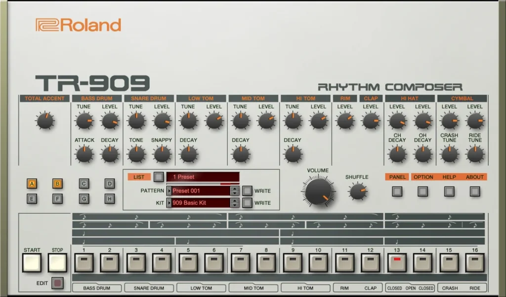 Roland TR-909 plugin with its drum knobs and 16 step buttons