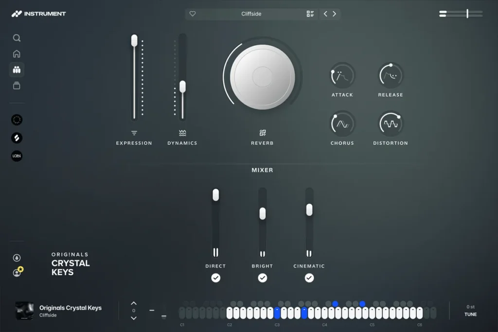 Splice INSTRUMENT plugin window, the free plugin that now plays the LABS drum packs (shown here with a keys preset)
