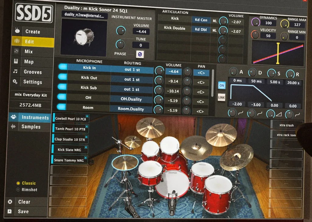 Steven Slate Drums 5.5 plugin showing its Edit page with a kick drum's mic settings above the drum kit