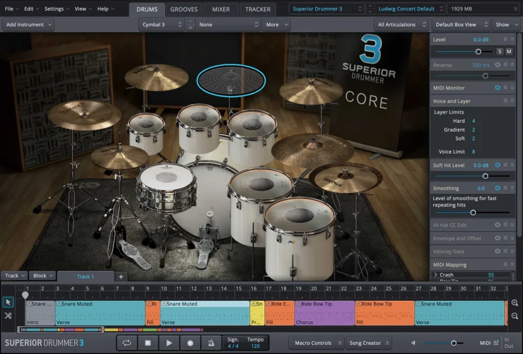 Superior Drummer 3 by Toontrack showing a drum kit in a studio room above its song track