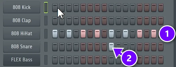FL Studio step sequencer with hi-hats on every other step numbered 1 and a snare on beat 3 numbered 2
