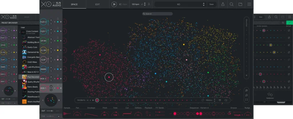XO by XLN Audio with its colorful map of drum samples and its beat sequencer