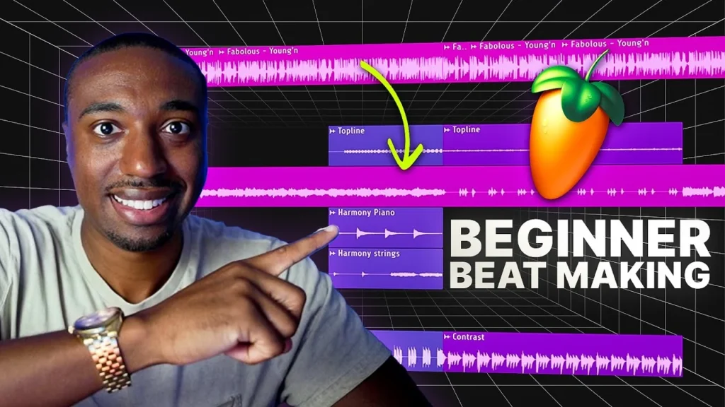 Busy Works Beats thumbnail for its beginner beat making tutorial, with the host pointing at FL Studio clips