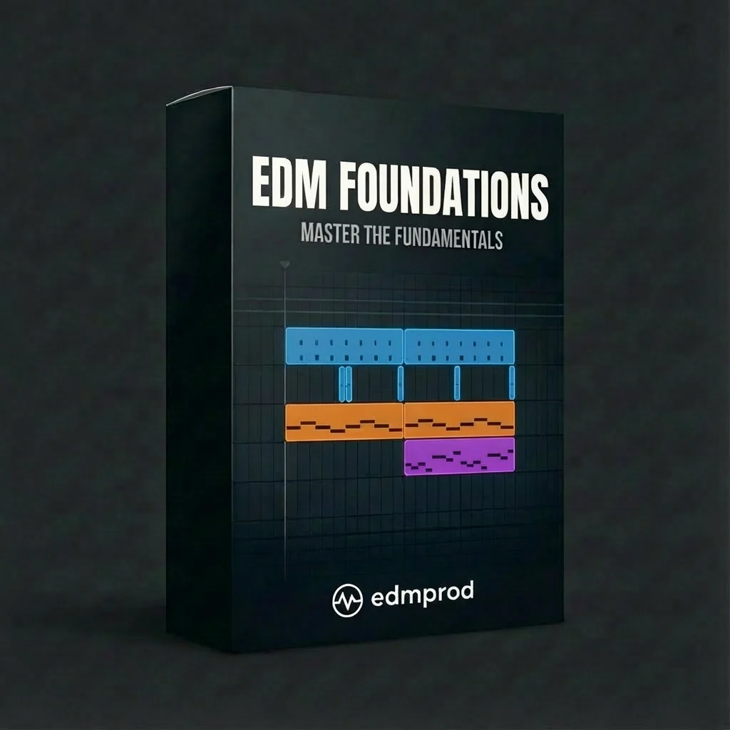 EDMProd EDM Foundations product box with colored DAW clips on a dark grid