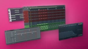 Four real FL Studio windows from Max's free class: Playlist, Channel Rack, Piano roll and Parametric EQ 2 on hot pink