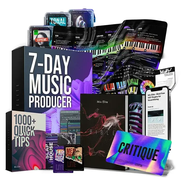 Mix Elite 7-Day Music Producer Course bundle with the course box, downloads, tips vault and a critique card