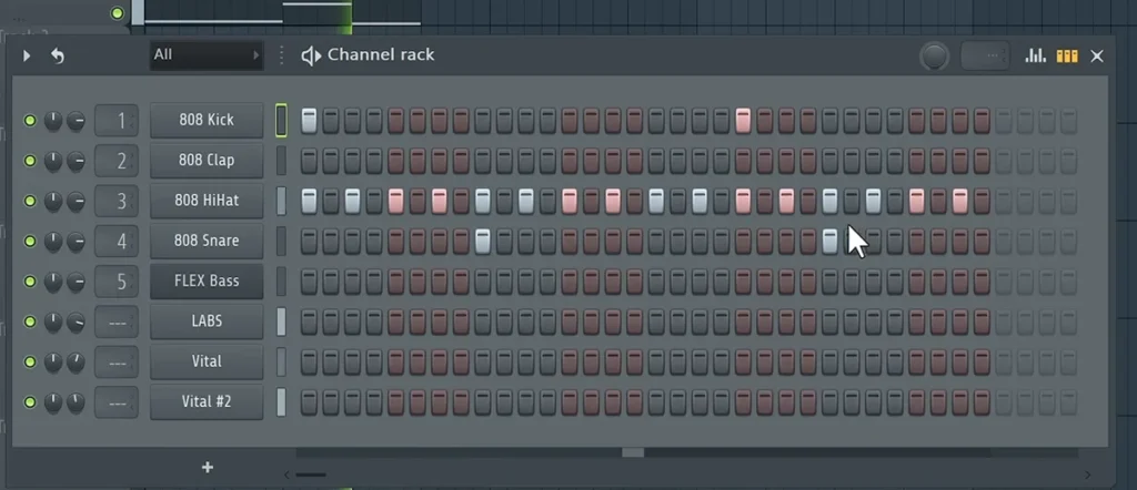 FL Studio Channel Rack with 808 kick, clap, hi-hat and snare steps from Max's free trap beat lesson