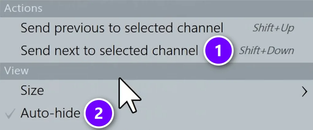 FL Studio Browser menu with Send next to selected channel (Shift+Down) numbered 1 and Auto-hide numbered 2