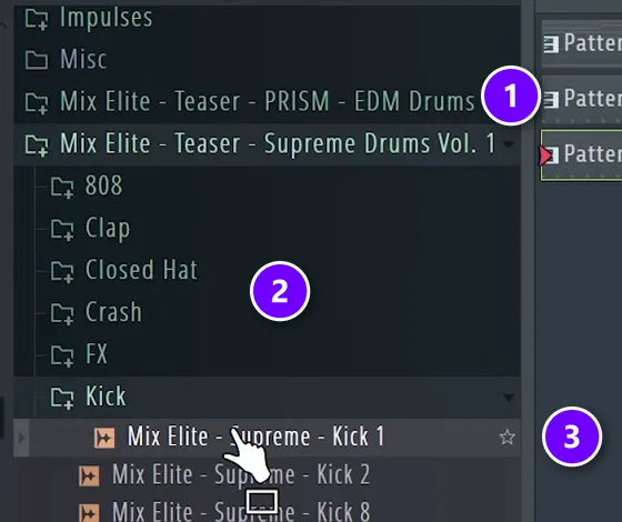 FL Studio Browser with two Mix Elite pack folders numbered 1, the Supreme Drums sound folders numbered 2 and the favorite star next to a kick numbered 3