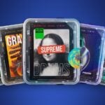 Five Mix Elite sample pack covers, Supreme Drums, PRISM, Gold Kit Vol. 2, Grand Vocals and Ultimate Future Bass, fanned out like cards on a cobalt blue background