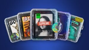 Five Mix Elite sample pack covers, Supreme Drums, PRISM, Gold Kit Vol. 2, Grand Vocals and Ultimate Future Bass, fanned out like cards on a cobalt blue background