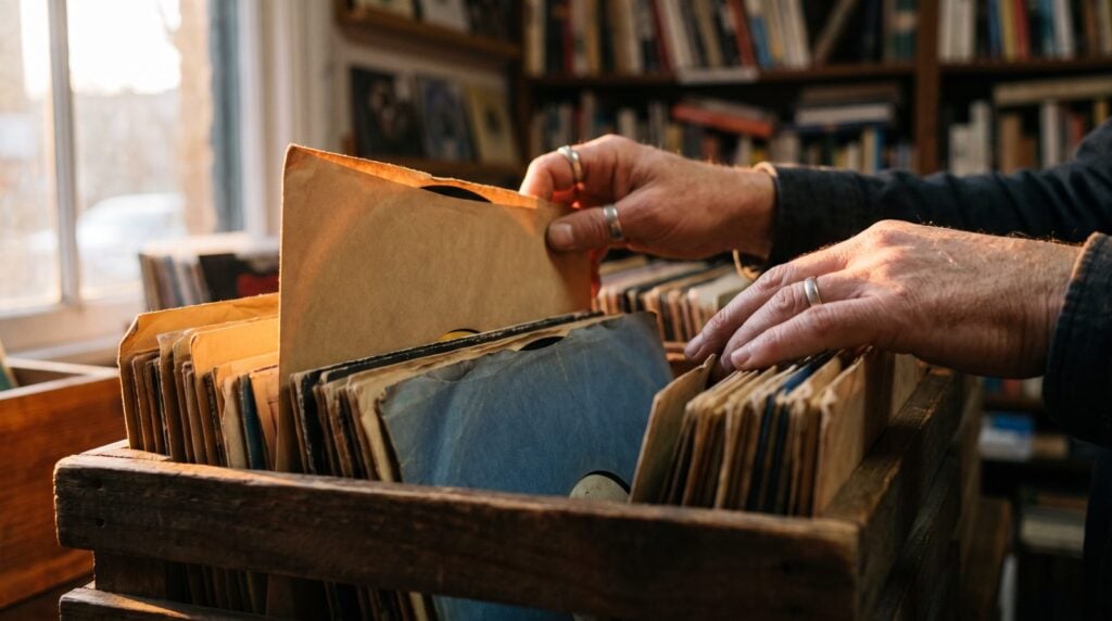 Hands flipping through a wooden crate of records in plain brown and blue sleeves in warm window light