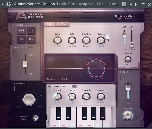 Graillon 3 by Auburn Sounds open on an acapella in FL Studio, with its Correction section and keyboard