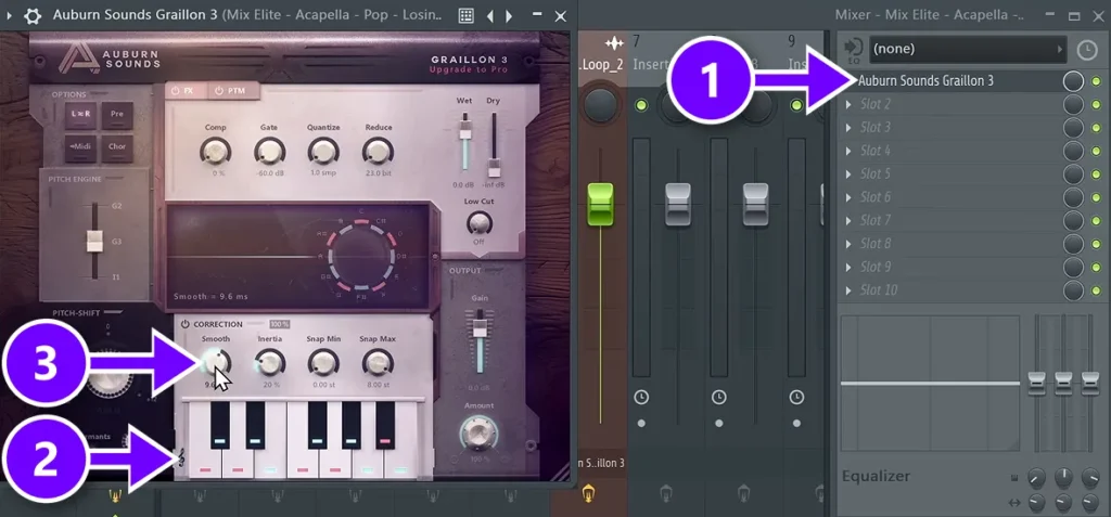 Graillon 3 in an FL Studio mixer slot numbered 1, with the scale clef numbered 2 and the Smooth knob numbered 3