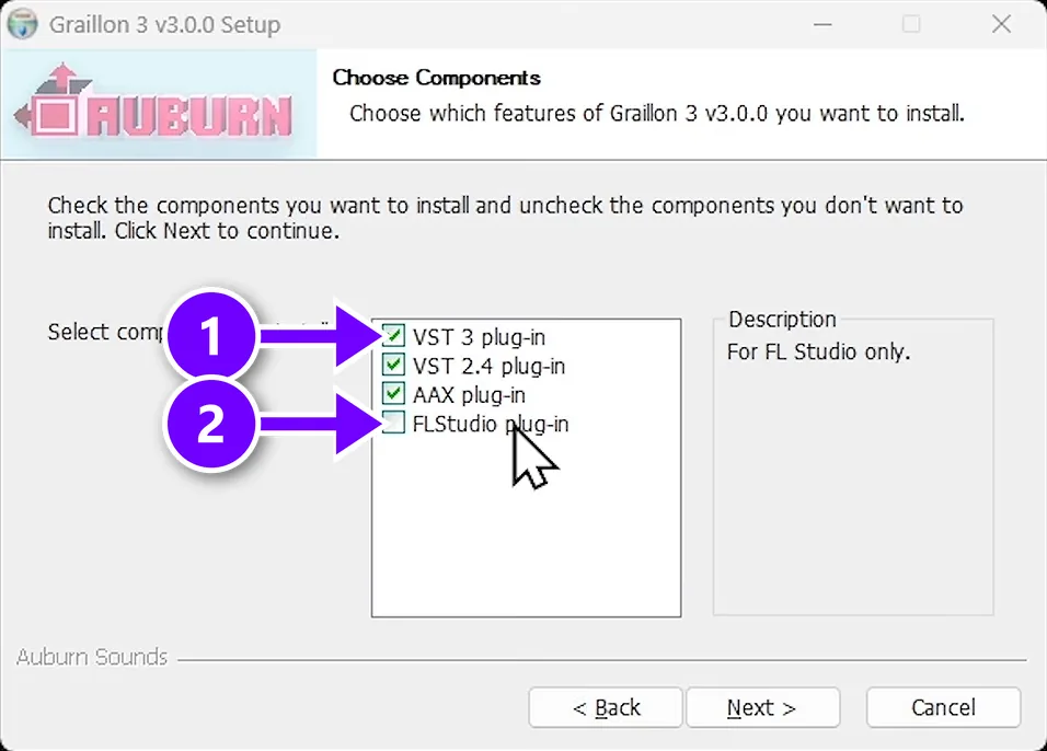 Graillon 3 installer with VST 3 plug-in checked, numbered 1, and FLStudio plug-in unchecked, numbered 2