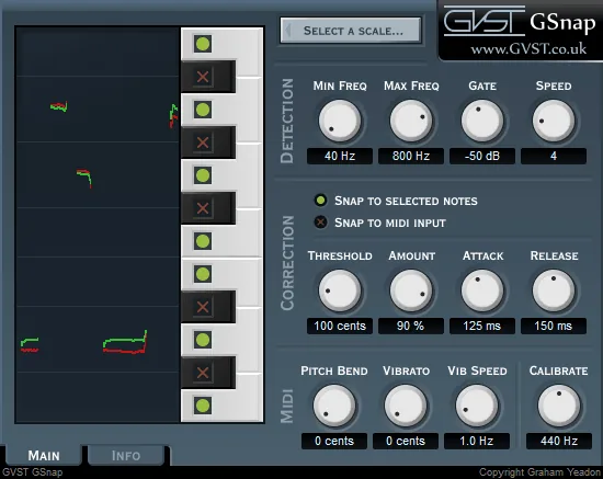 GSnap by GVST with its pitch display and its Detection, Correction and MIDI knobs