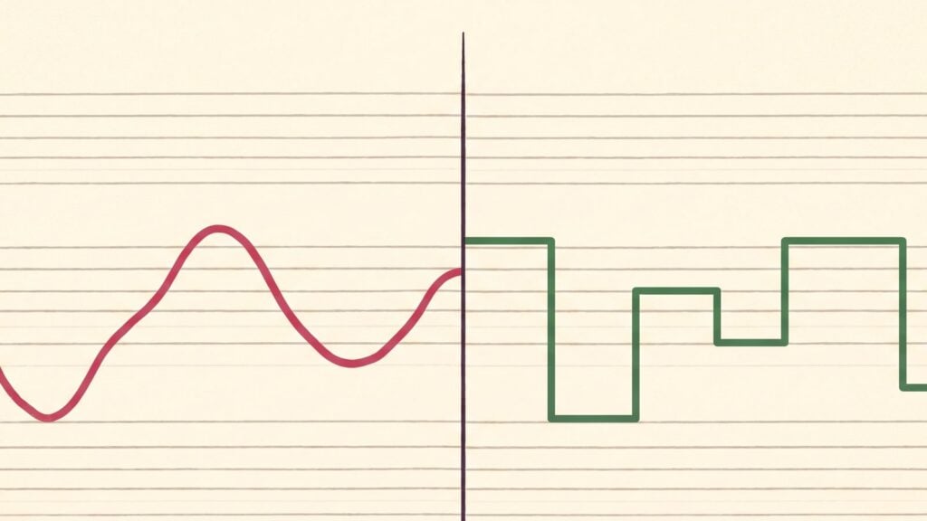 Split illustration: a wobbly pitch line drifting between guide lines on the left and the same line snapped onto them in clean steps on the right, like autotune at work