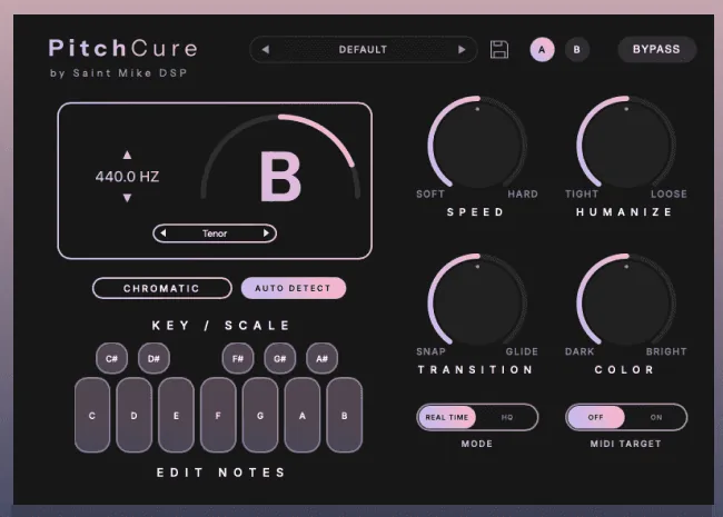 PitchCure by Saint Mike DSP with its key display, Speed, Humanize, Transition and Color knobs and Edit Notes keyboard