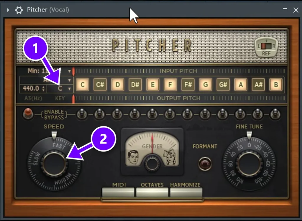 FL Studio Pitcher plugin with the key menu numbered 1 and the Speed knob numbered 2