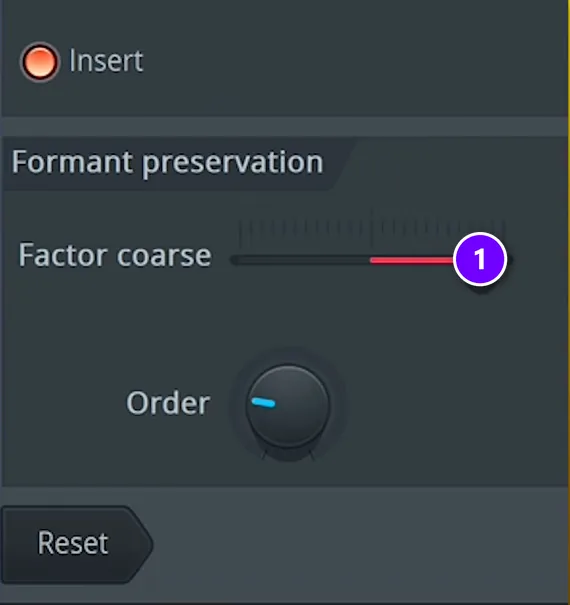 FL Studio Edison formant preservation settings with the Factor coarse slider numbered 1