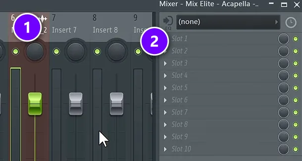 FL Studio mixer with the vocal's insert track numbered 1 and an empty effect slot numbered 2
