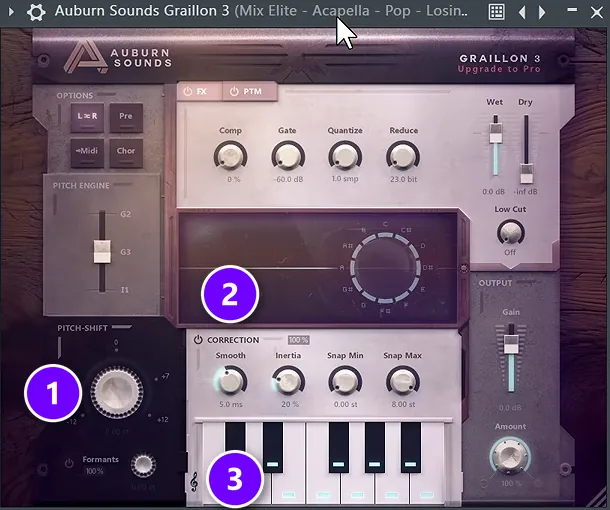 Graillon 3 in FL Studio with the PITCH-SHIFT knob numbered 1, the Correction section numbered 2 and the scale clef by the keyboard numbered 3
