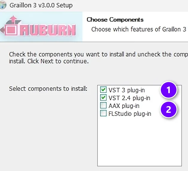 Graillon 3 installer components with VST 3 and VST 2.4 ticked numbered 1 and AAX and FLStudio plug-in unticked numbered 2
