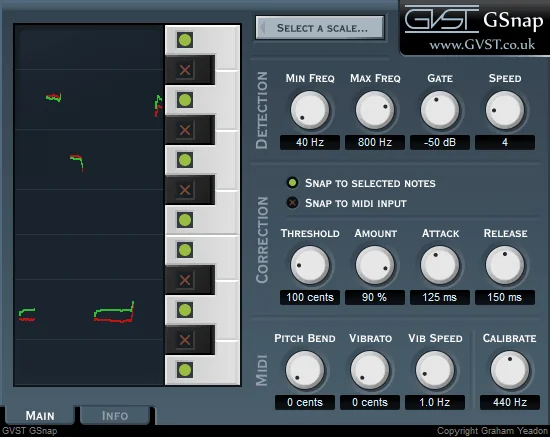 GSnap by GVST with its pitch display and its detection, correction and MIDI knobs