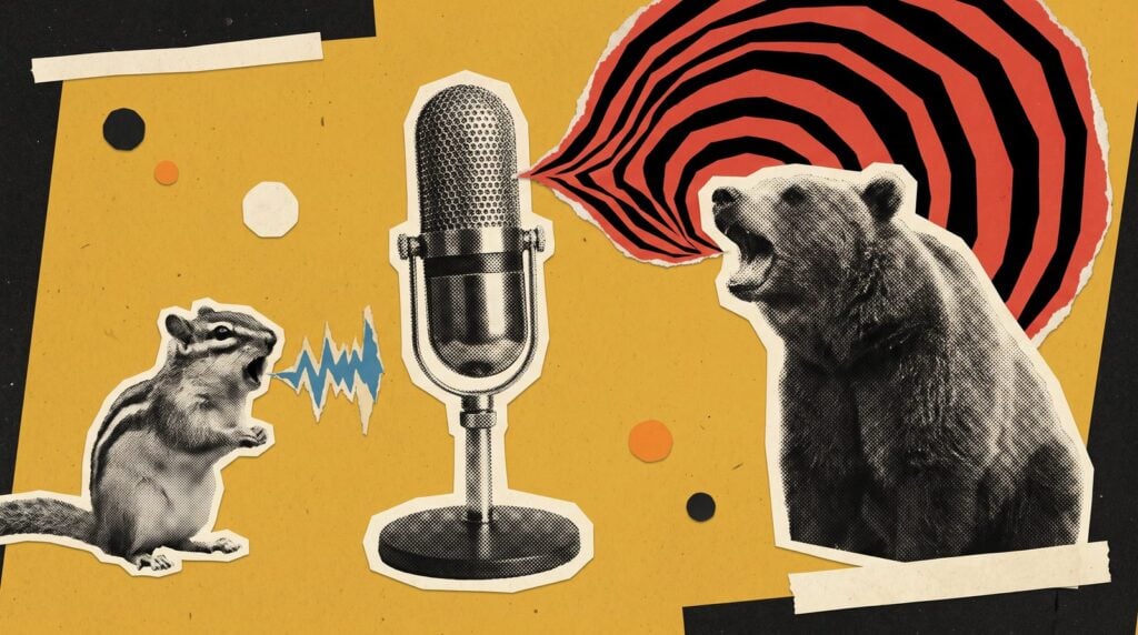 Paper collage of a vintage microphone with a small chipmunk singing a tiny sound wave on one side and a big bear singing a huge one on the other, like a voice pitched up and down