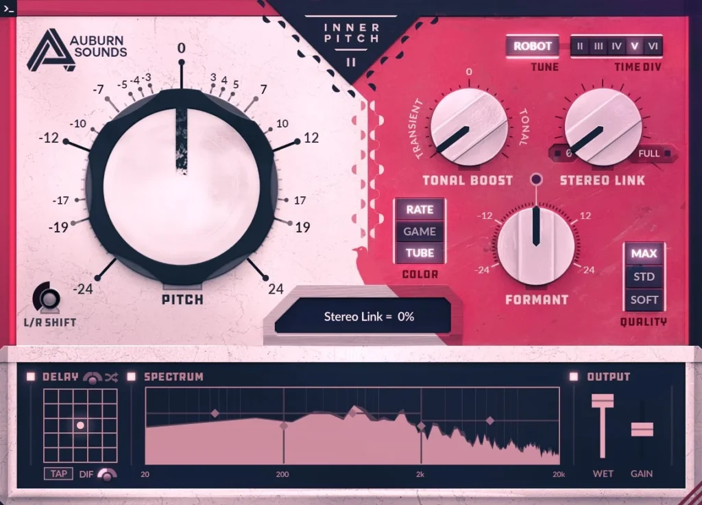 Inner Pitch 2 by Auburn Sounds with its large Pitch knob, Formant knob and spectrum display