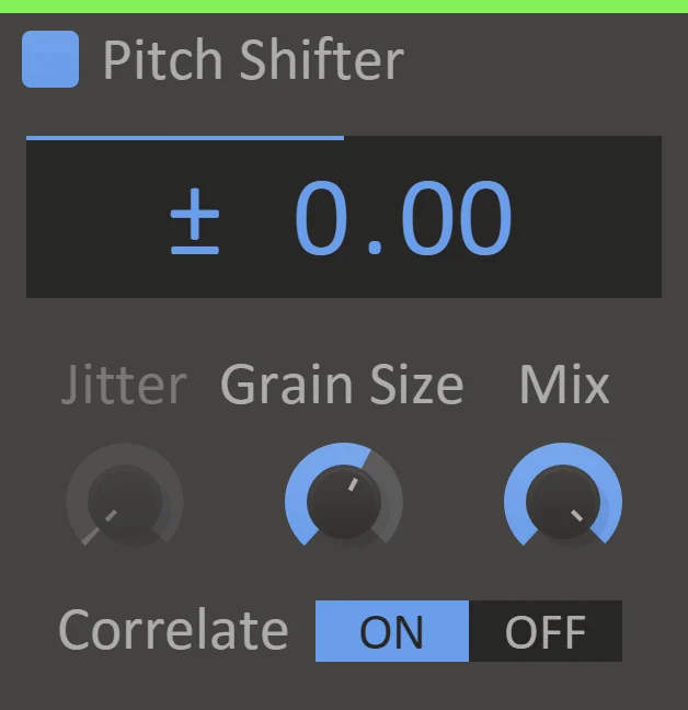 Kilohearts Pitch Shifter with its pitch display and Jitter, Grain Size, Mix and Correlate controls
