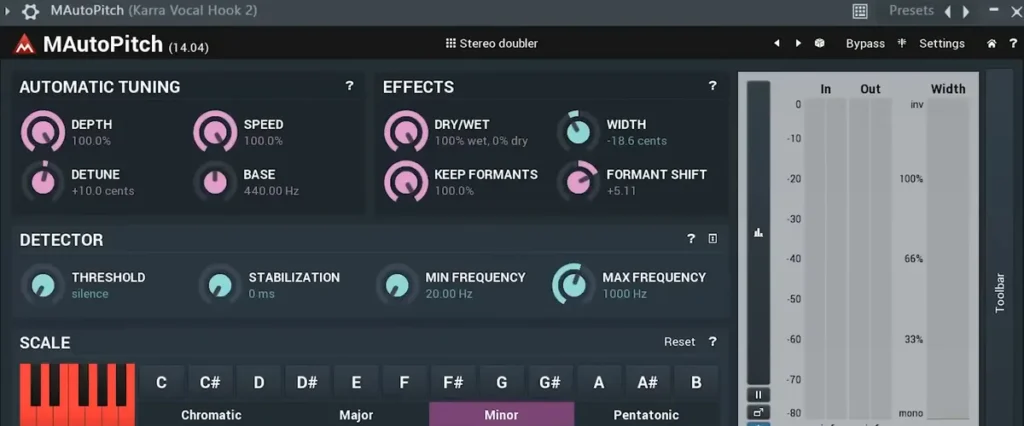 MAutoPitch by MeldaProduction open in FL Studio with its Automatic Tuning, Effects, Detector and Scale sections
