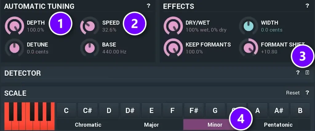 MAutoPitch with DEPTH numbered 1, SPEED numbered 2, FORMANT SHIFT numbered 3 and the Minor scale numbered 4