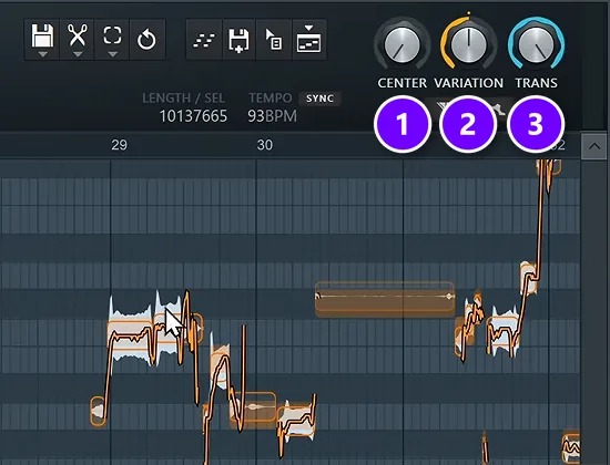 FL Studio Newtone with the CENTER, VARIATION and TRANS knobs numbered 1 to 3 above a tuned vocal